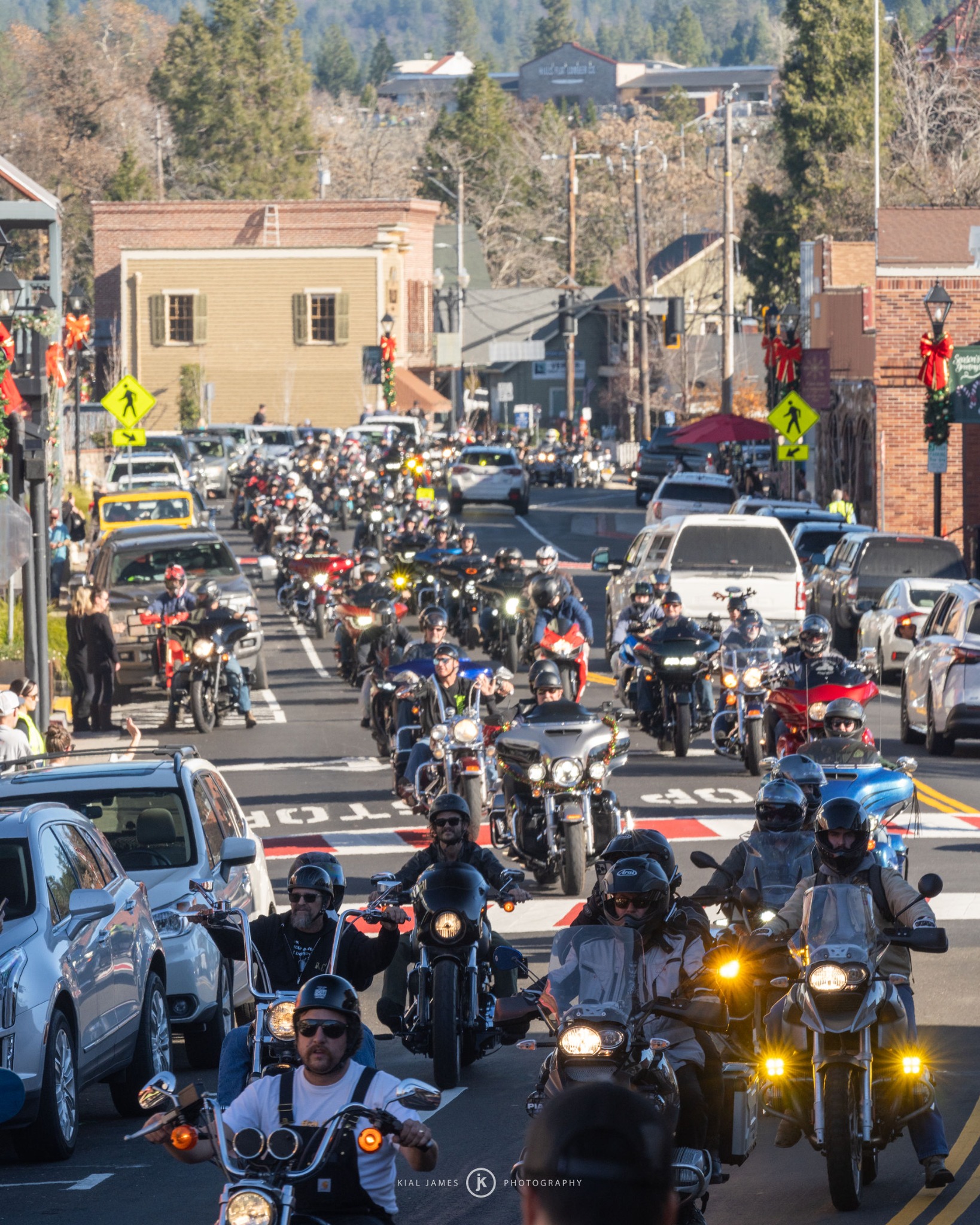 Motorcycles filling a downtown street during the Nevada County Toy Run.